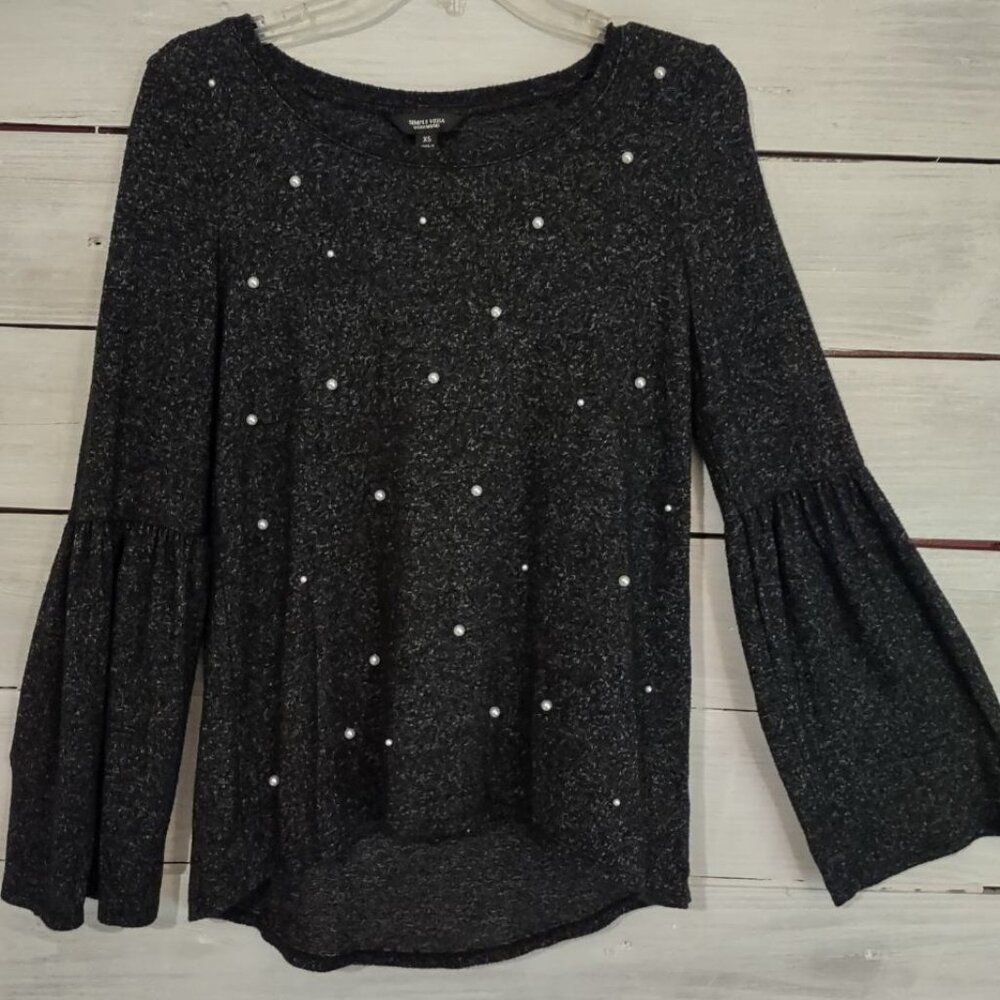 Simply Vera High/Low Pearled Long Sleeved Sweater Bell Sleeves